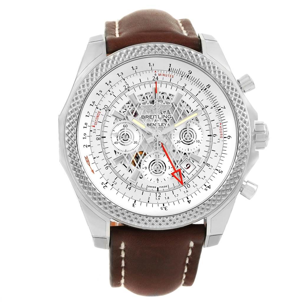 The image shows a front view of the Breitling Bentley AB0431 Men's Stainless Steel Silver Dial AB0431 Men's Stainless Steel Silver Dial watch, highlighting the dial, bezel, and leather strap.