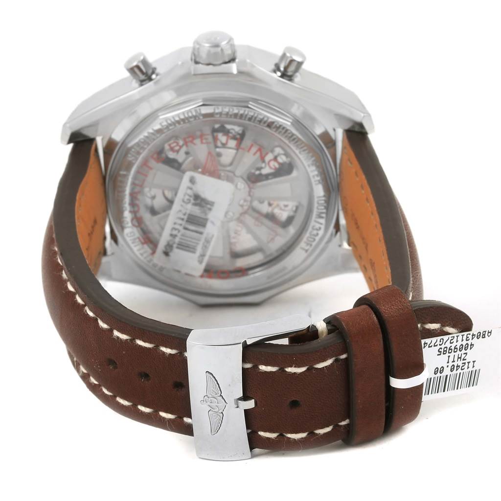 The image shows the back of a Breitling Bentley AB0431 Men's Stainless Steel Silver Dial AB0431 Men's Stainless Steel Silver Dial watch and its brown leather strap and buckle.