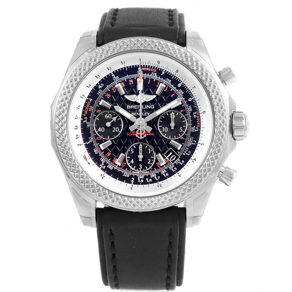 This image shows a front view of the Breitling Bentley AB0612 Men's Stainless Steel Black Dial AB0612 Men's Stainless Steel Black Dial model watch with its dial, bezel, crown, and strap visible.