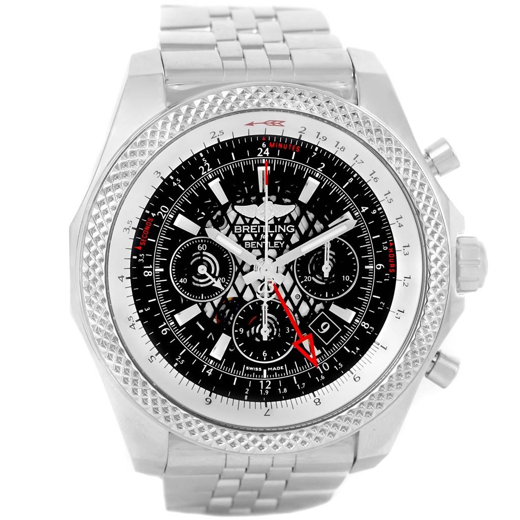 The image shows a front view of the Breitling Bentley AB0431 Men's Stainless Steel Black Dial AB0431 Men's Stainless Steel Black Dial watch, highlighting its dial, bezel, and silver bracelet.