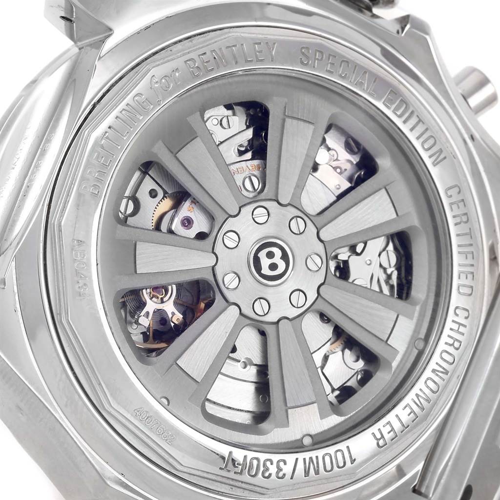 This image shows the back of a Breitling Bentley AB0431 Men's Stainless Steel Black Dial AB0431 Men's Stainless Steel Black Dial watch, highlighting its intricate movement and "Special Edition" markings.