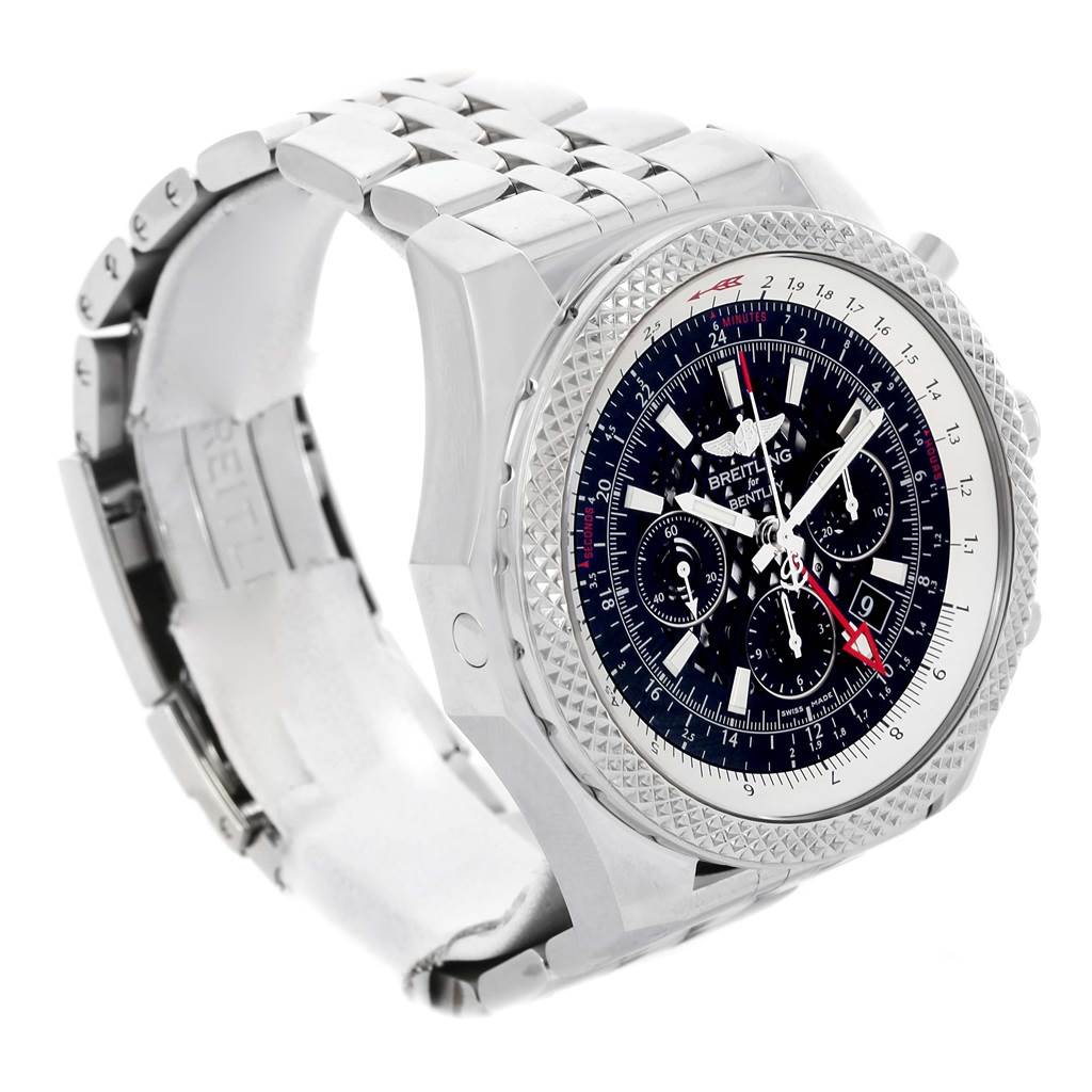 This image shows a Breitling Bentley AB0431 Men's Stainless Steel Black Dial AB0431 Men's Stainless Steel Black Dial model watch at a three-quarter angle, displaying the face, bezel, and bracelet.