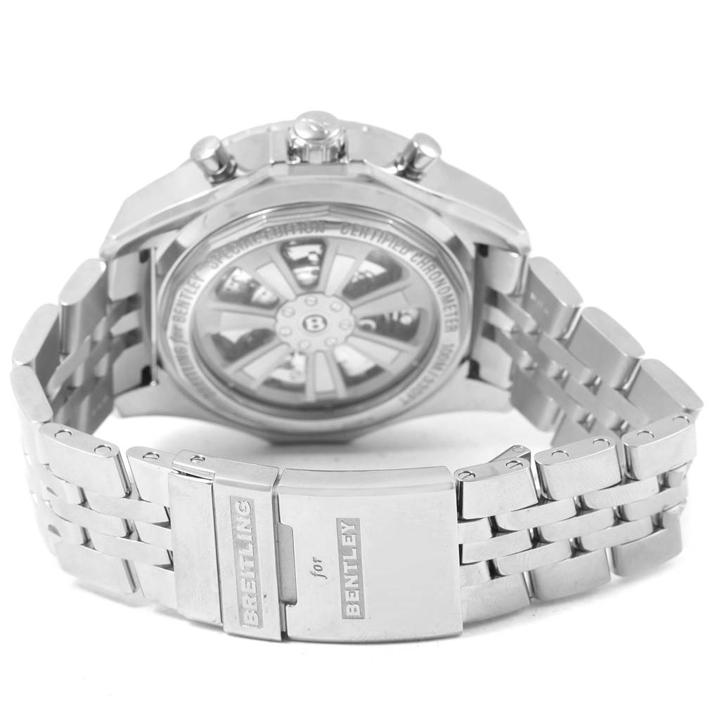 The image shows the back and clasp of the Breitling Bentley AB0431 Men's Stainless Steel Silver Dial AB0431 Men's Stainless Steel Silver Dial watch, highlighting its metal strap and deployment clasp engraved with the brand and model names.