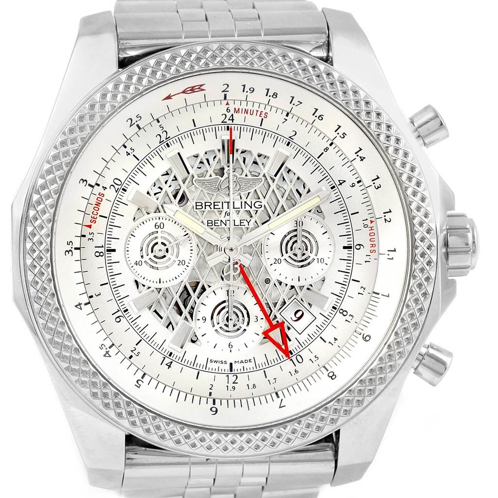 The image shows the front view of a Breitling Bentley AB0431 Men's Stainless Steel Silver Dial AB0431 Men's Stainless Steel Silver Dial watch, displaying its intricate dial and bracelet.