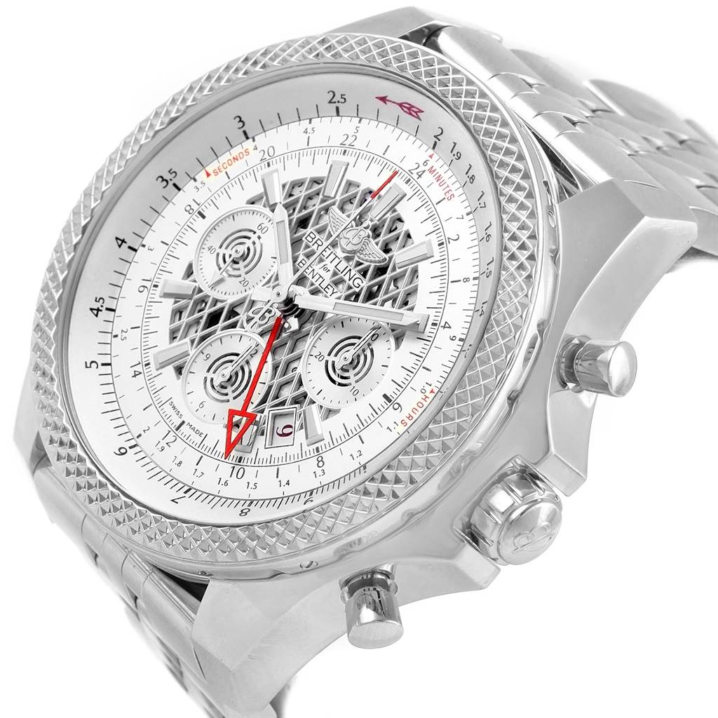 The image shows a close-up view of the dial, bezel, and side buttons of a Breitling Bentley AB0431 Men's Stainless Steel Silver Dial AB0431 Men's Stainless Steel Silver Dial watch.