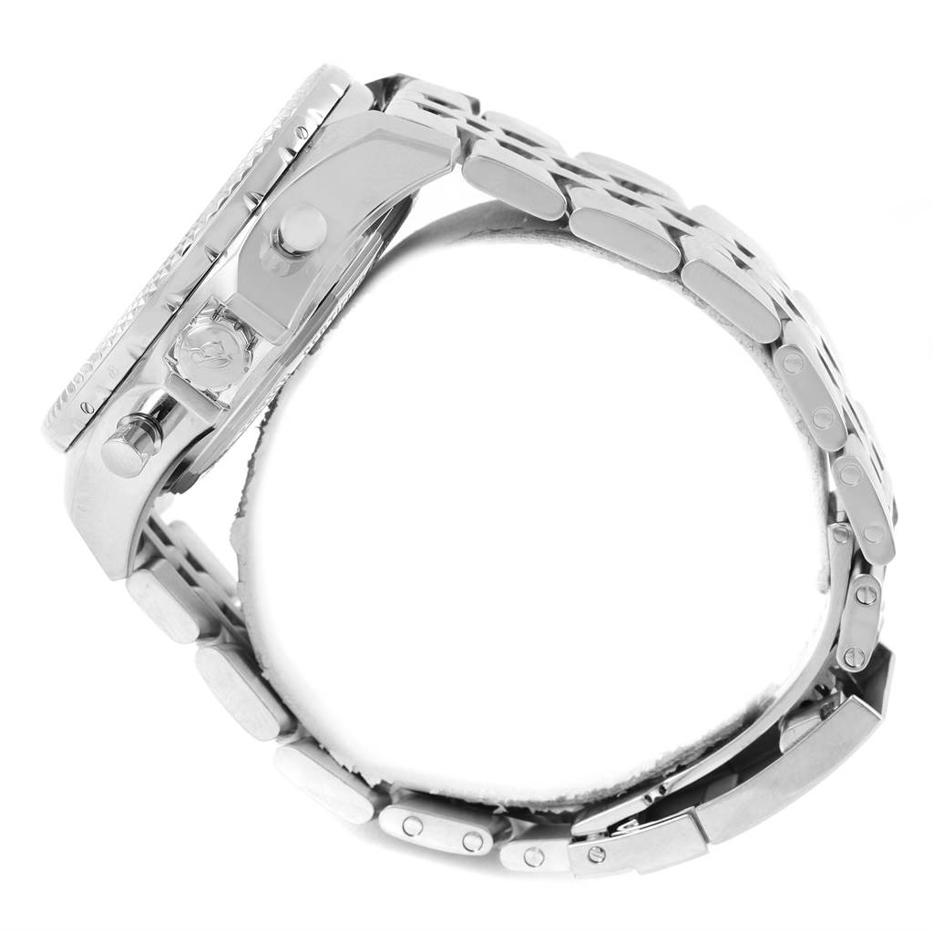 The image shows a side view of the Bentley model watch by Breitling, highlighting the case, crown, pushers, and metal bracelet.