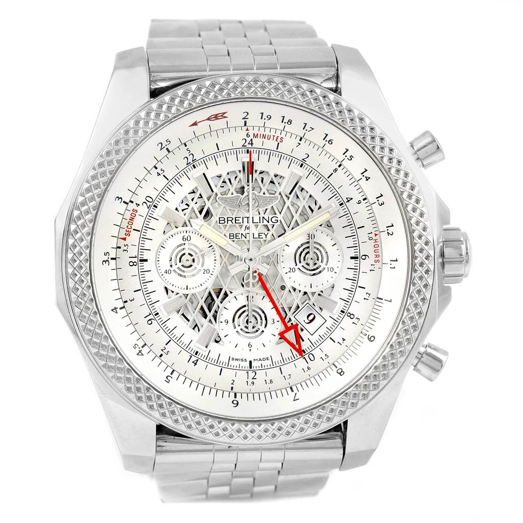 The Breitling Bentley AB0431 Men's Stainless Steel Silver Dial AB0431 Men's Stainless Steel Silver Dial watch is shown from a top-down angle, highlighting its face, bezel, and part of the metal bracelet.