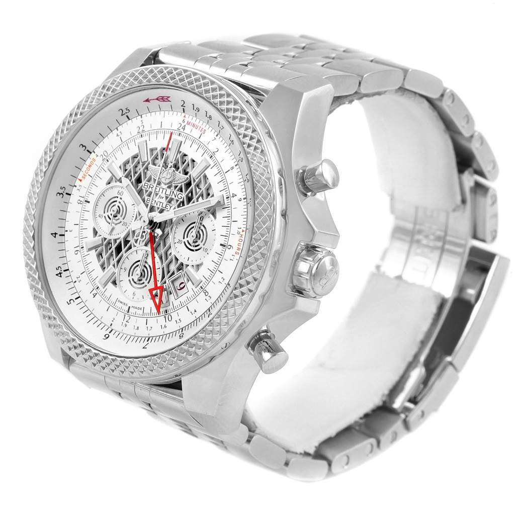 The image shows a Breitling Bentley AB0431 Men's Stainless Steel Silver Dial AB0431 Men's Stainless Steel Silver Dial model watch from a three-quarter angle, displaying the face, bezel, and metal bracelet.