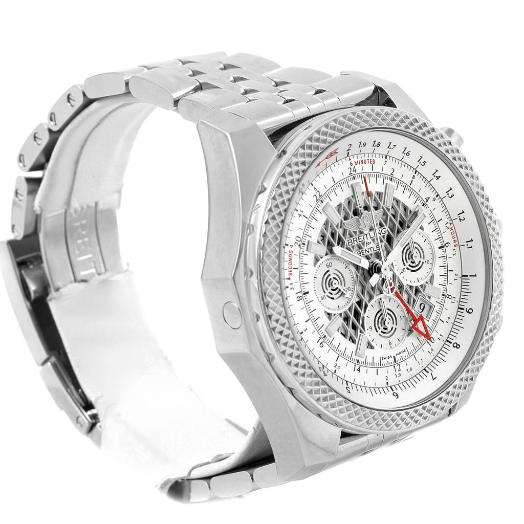 The Breitling Bentley AB0431 Men's Stainless Steel Silver Dial AB0431 Men's Stainless Steel Silver Dial watch is shown at an angled side view, highlighting its face, bezel, and metal bracelet.