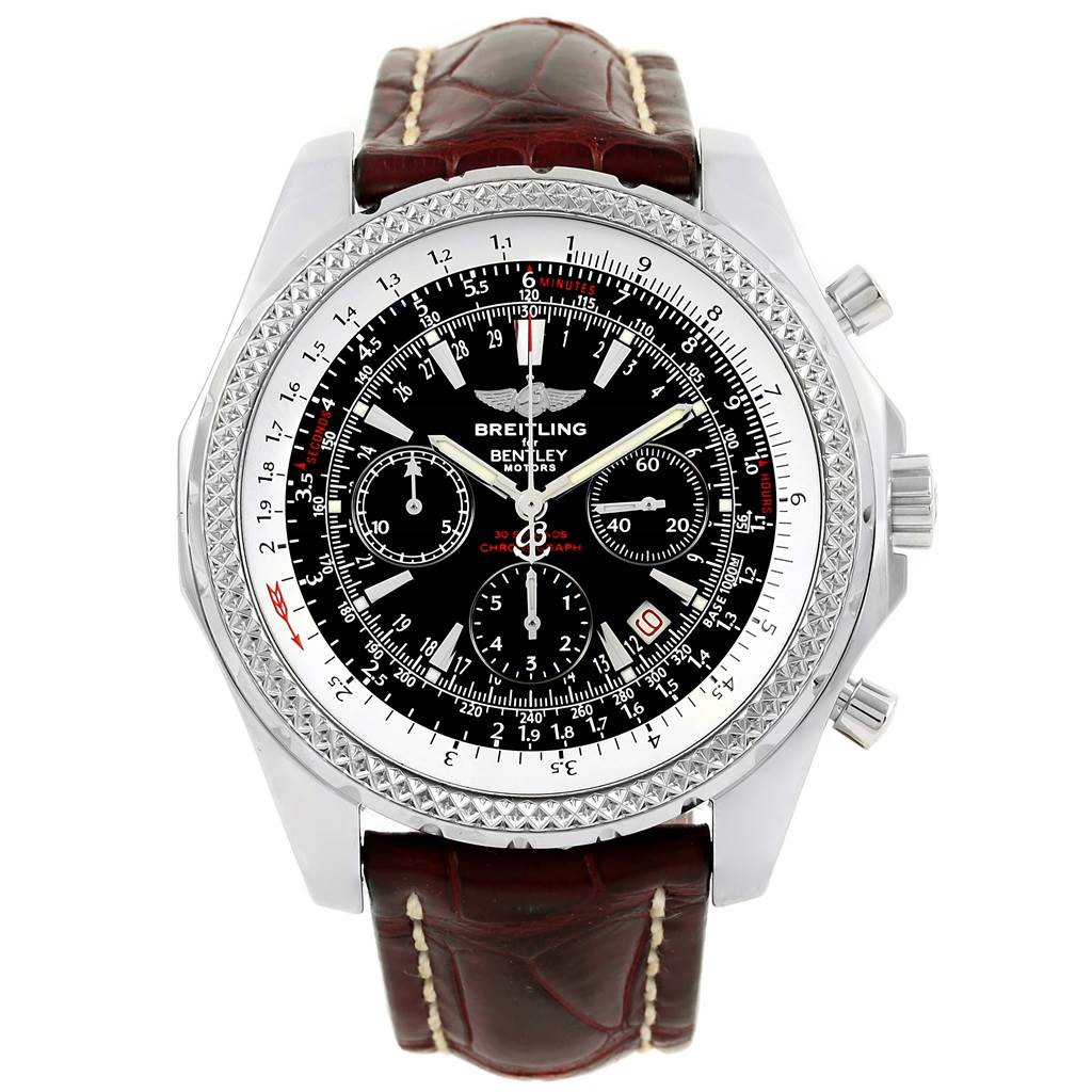 This image shows a Breitling Bentley A25362 Men's Stainless Steel Black Dial A25362 Men's Stainless Steel Black Dial watch from a front angle, highlighting the dial, bezel, crown, and leather strap.