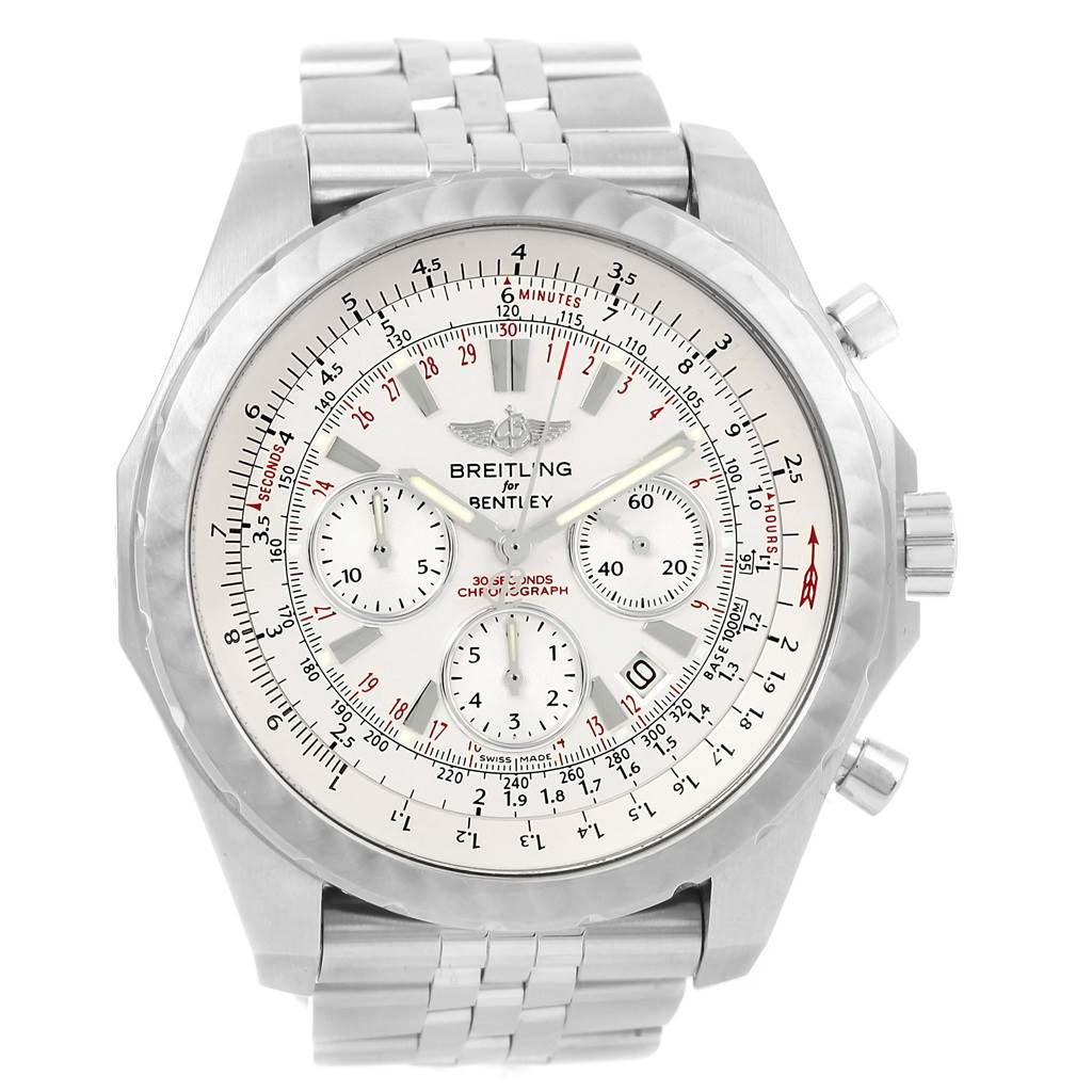 This Breitling Bentley A25365 Men's Stainless Steel Silver Dial A25365 Men's Stainless Steel Silver Dial model watch is shown from a front angle, displaying the face, chronograph subdials, bezel, and part of the bracelet.