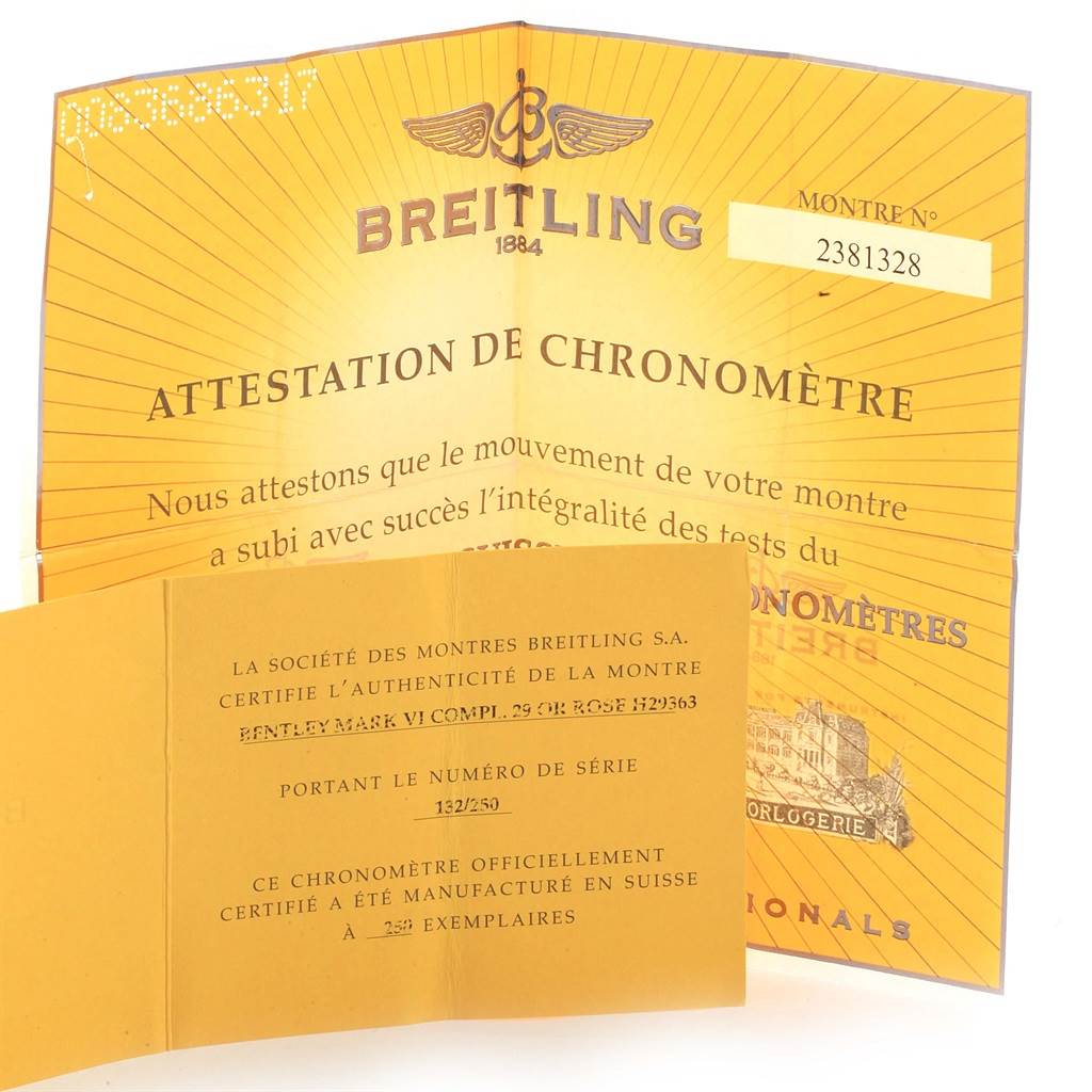 The image shows a certificate of authenticity and chronometer attestation documents for a Bentley model by Breitling.