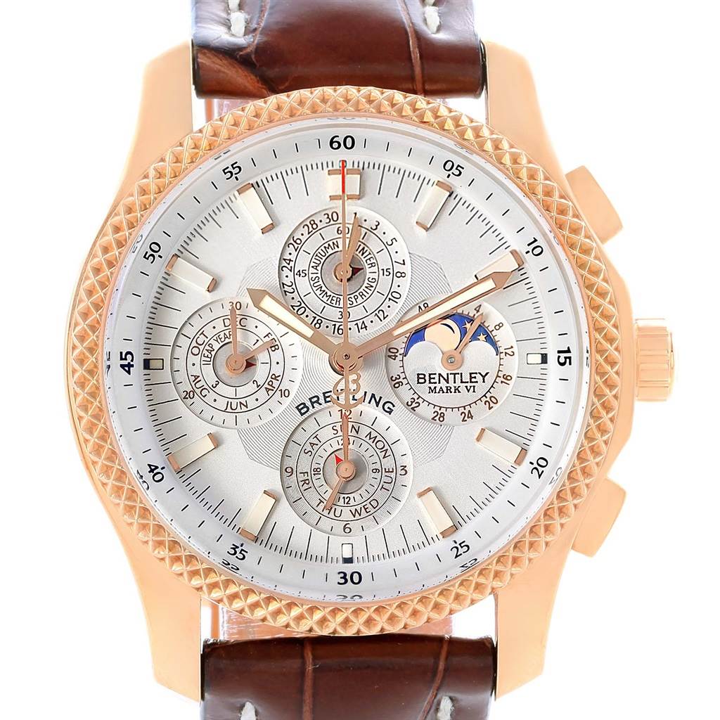 This image shows a frontal view of the Breitling Bentley H29363 Men's Rose Gold Silver Dial H29363 Men's Rose Gold Silver Dial watch, highlighting its face, bezel, and brown leather strap.