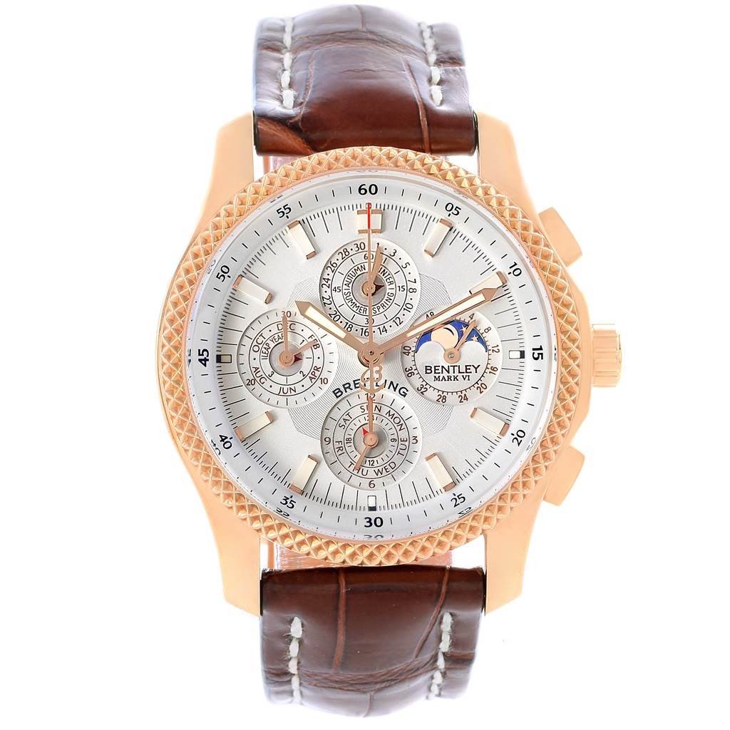 The Breitling Bentley H29363 Men's Rose Gold Silver Dial H29363 Men's Rose Gold Silver Dial model watch is shown from the front, featuring its dial, subdials, brown leather strap, and gold case.