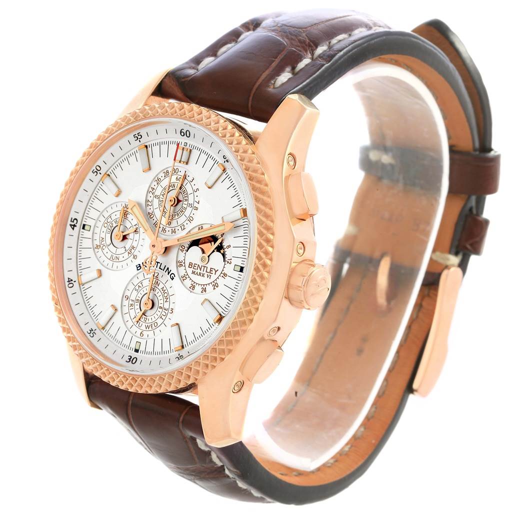 The Bentley model by Breitling is shown from a front angle, revealing its face, bezel, crown, and brown leather strap.