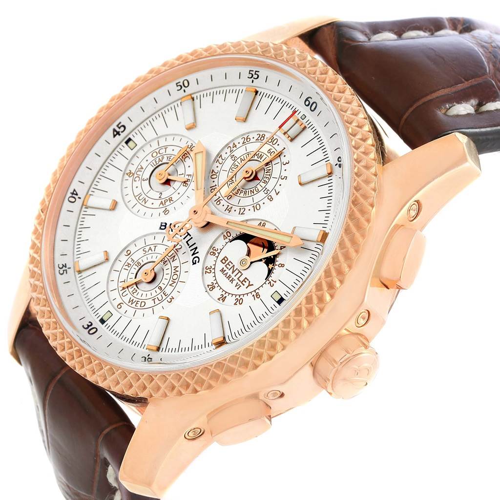 The image shows a close-up, slightly angled side view of a Breitling Bentley H29363 Men's Rose Gold Silver Dial H29363 Men's Rose Gold Silver Dial watch, highlighting its dial, subdials, and brown leather strap.