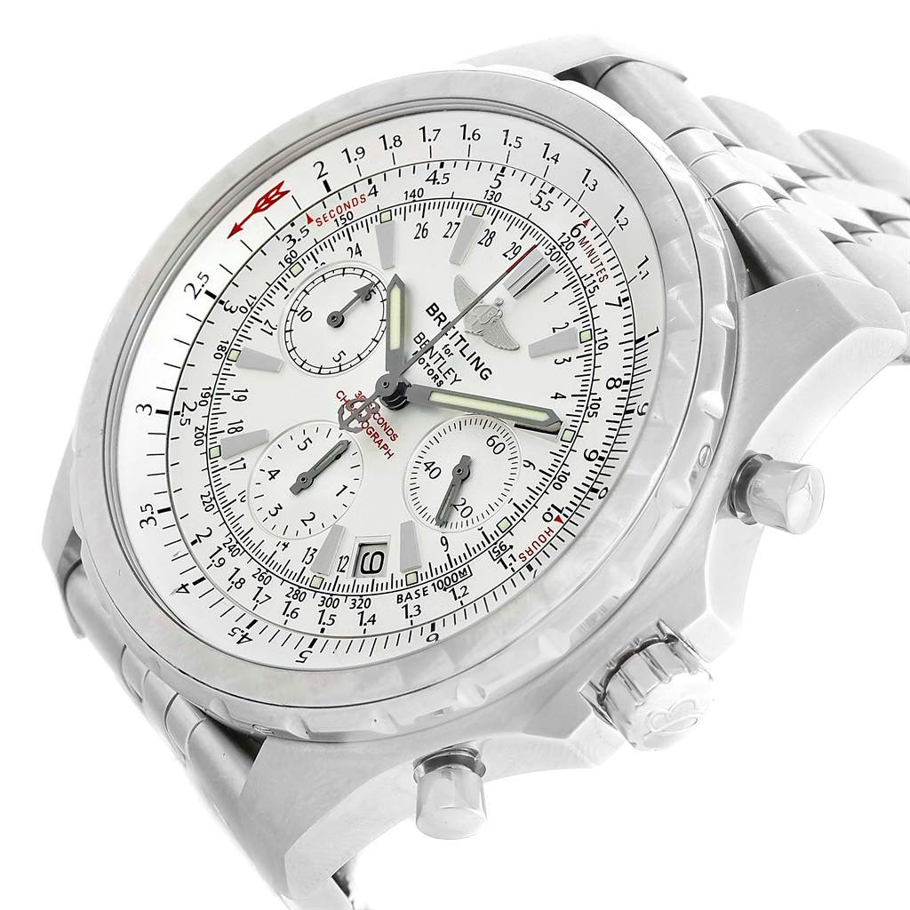 The image shows a side view angle of the Breitling Bentley A25363 Men's Stainless Steel White Dial A25363 Men's Stainless Steel White Dial model watch, highlighting the face, bezel, crown, and part of the bracelet.