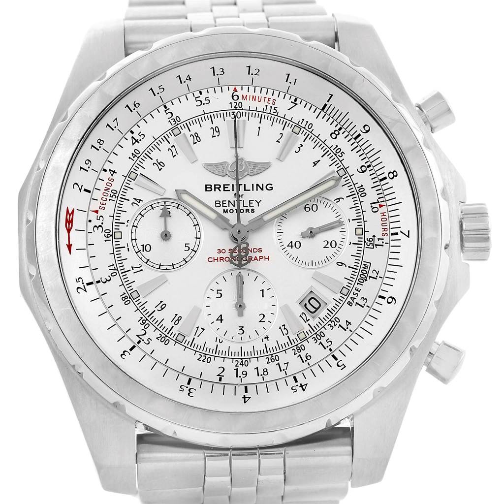 The image shows a front view of the Breitling Bentley A25363 Men's Stainless Steel White Dial A25363 Men's Stainless Steel White Dial Motors watch, featuring its dial, hands, subdials, and bracelet.