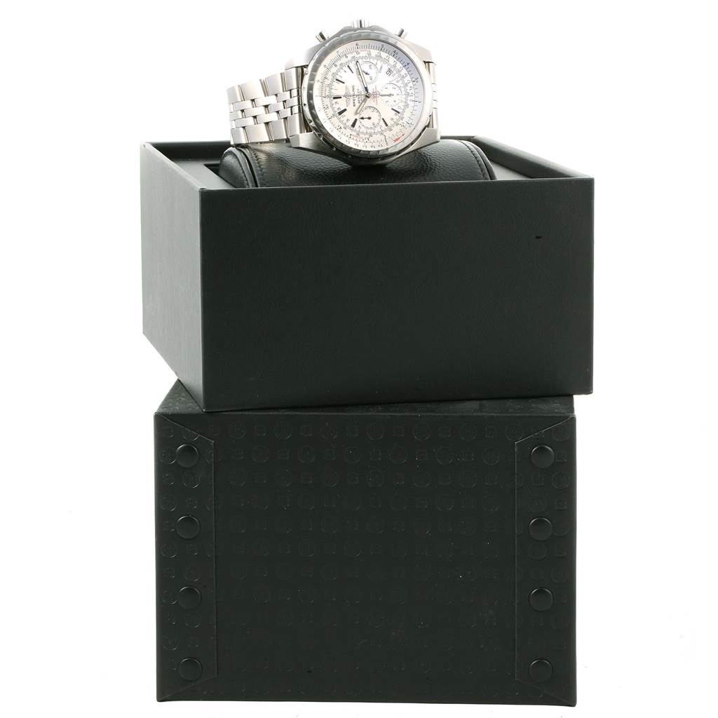 The Breitling Bentley A25363 Men's Stainless Steel White Dial A25363 Men's Stainless Steel White Dial watch is displayed from a slightly elevated angle, showing its face and bracelet, placed on a black box.