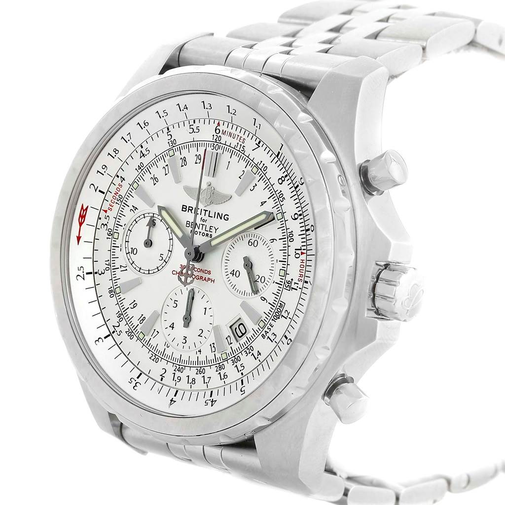 The Breitling Bentley A25363 Men's Stainless Steel White Dial A25363 Men's Stainless Steel White Dial watch is shown at a slight side angle, displaying the face, bezel, crown, and part of the metal bracelet.