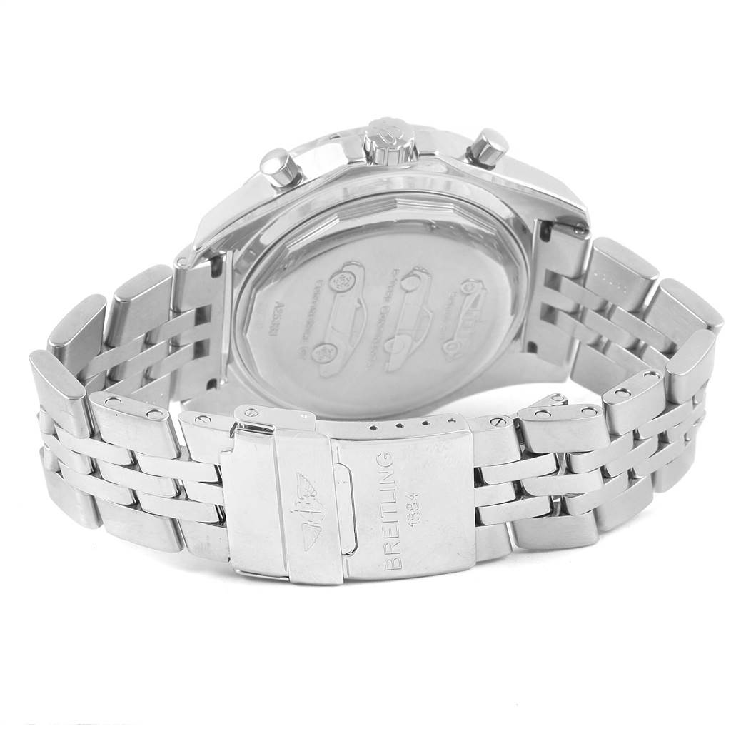 The image shows the back and partially the bracelet of the Breitling Bentley A25363 Men's Stainless Steel White Dial A25363 Men's Stainless Steel White Dial watch, emphasizing the clasp and case back.