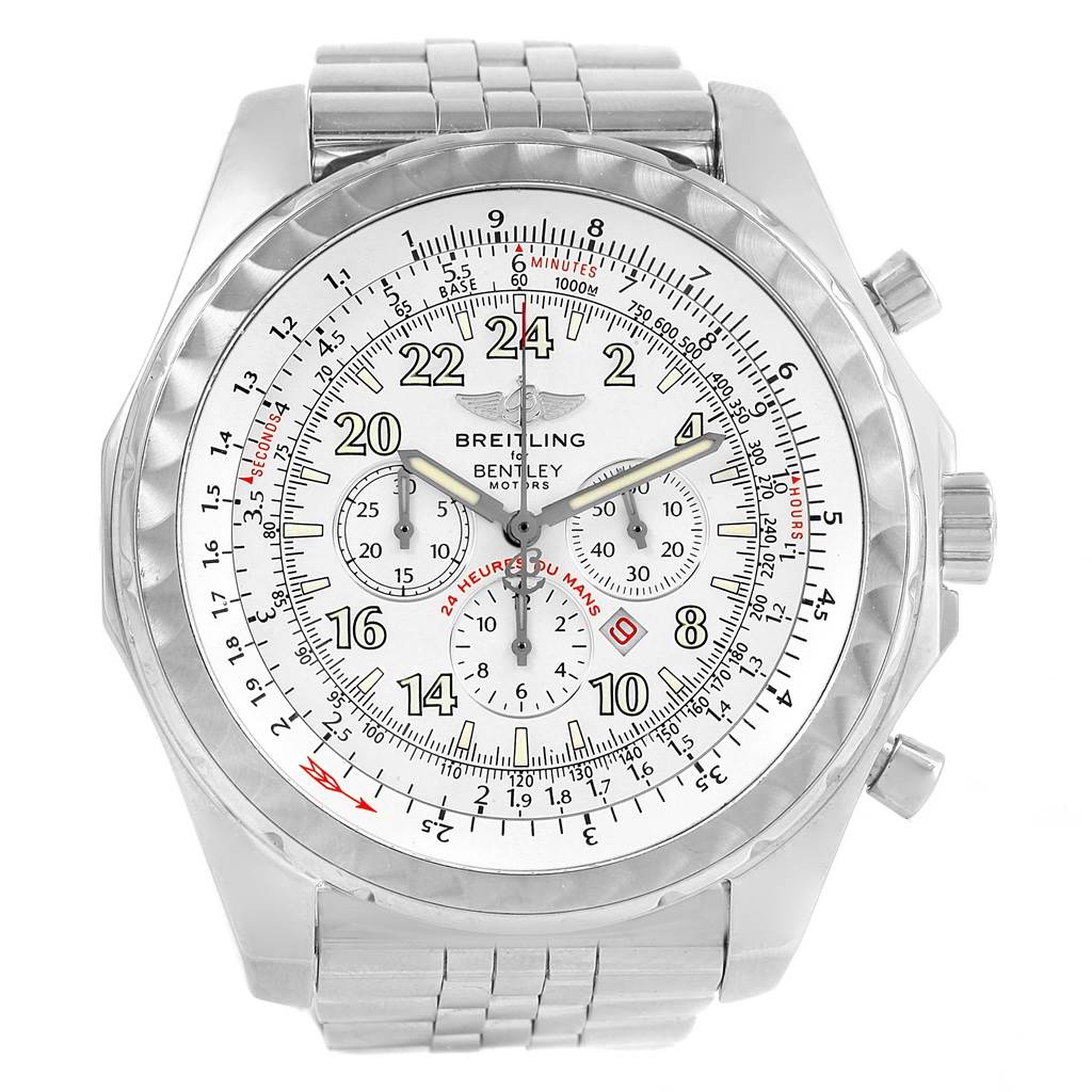 The image shows a front view of a Breitling Bentley A22362 Men's Stainless Steel White Dial A22362 Men's Stainless Steel White Dial watch with its dial, subdials, bezel, and a portion of the metal bracelet visible.