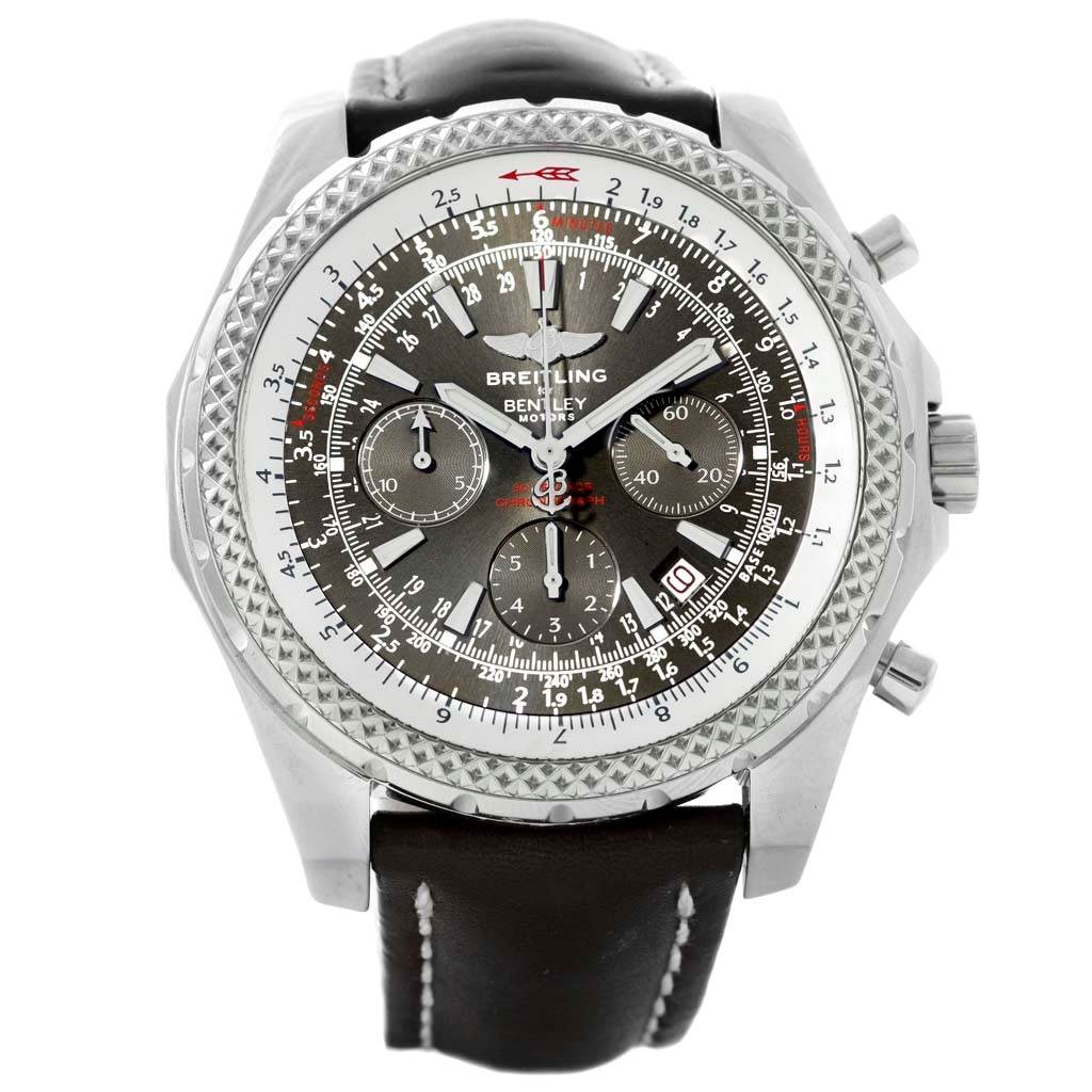 The Bentley model by Breitling is shown from a front angle, displaying the dial, chronograph subdials, bezel, and leather strap.