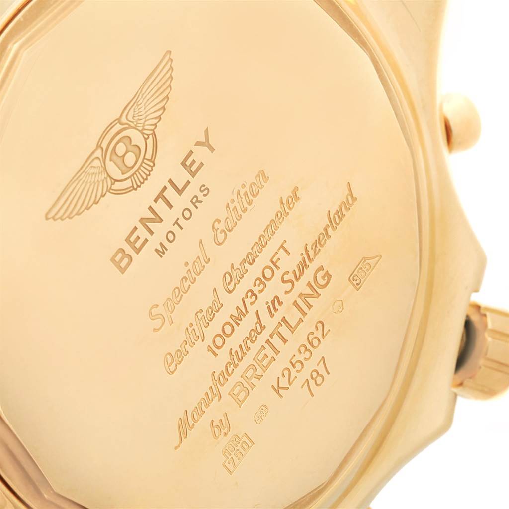 The image shows the backside of a Bentley model watch by Breitling, highlighting its engravings and branding.