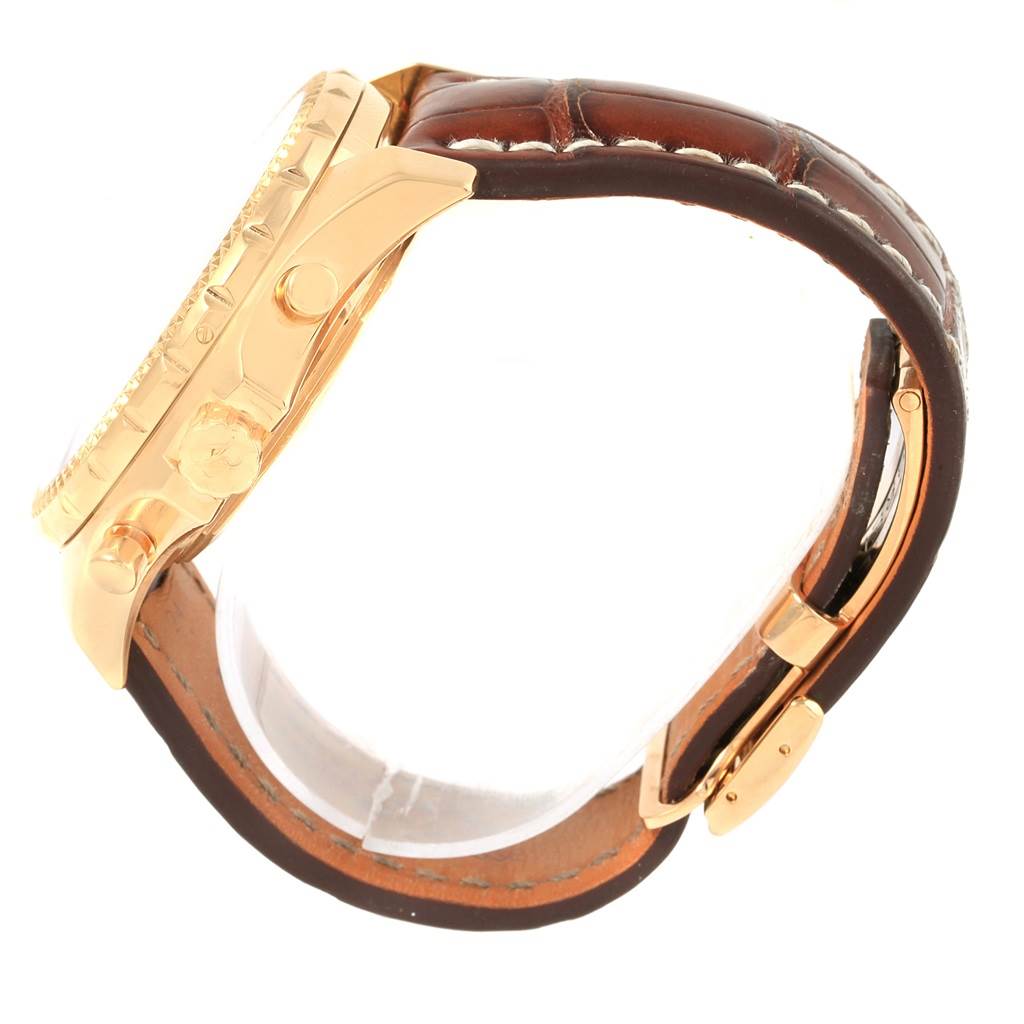 The image shows the side profile of a Bentley model by Breitling, highlighting the case, crown, pushers, and leather strap.