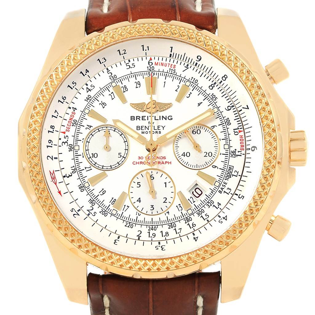 The image shows a Breitling Bentley K25362 Men's Steel and Gold (two tone) White Dial K25362 Men's Steel and Gold (two tone) White Dial watch from a front angle, highlighting the dial, bezel, and leather strap.