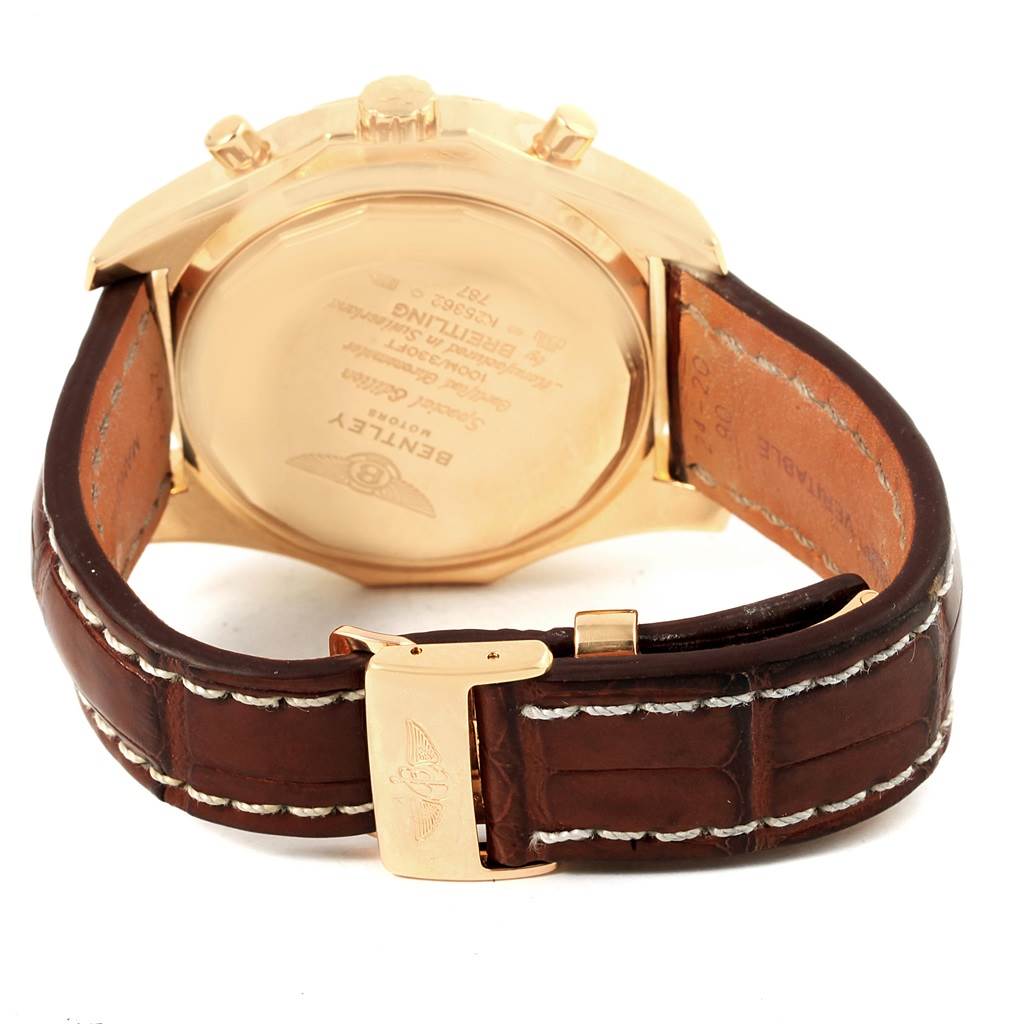 The image shows the back case and leather strap of a Bentley model by Breitling from a rear angle.