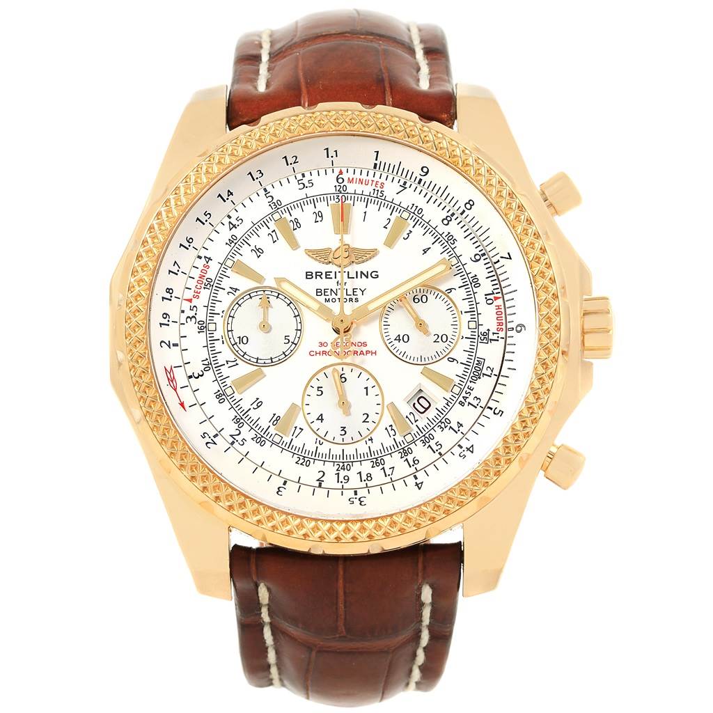 The image shows a front view of the Breitling Bentley K25362 Men's Steel and Gold (two tone) White Dial K25362 Men's Steel and Gold (two tone) White Dial watch, displaying the face, bezel, crown, pushers, and leather strap.