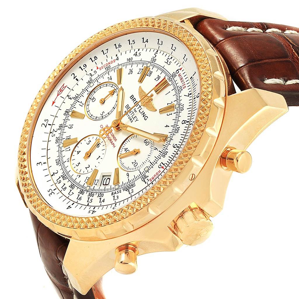 The image shows a close-up, angled view of the dial, bezel, and part of the strap of a Bentley model by Breitling.