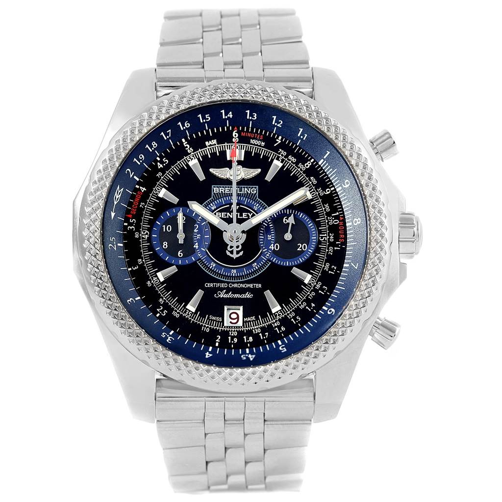 The image shows a front view of a Breitling Bentley A26364 Men's Stainless Steel Black Dial A26364 Men's Stainless Steel Black Dial model watch, displaying its dial, bezel, crown, pushers, and bracelet.