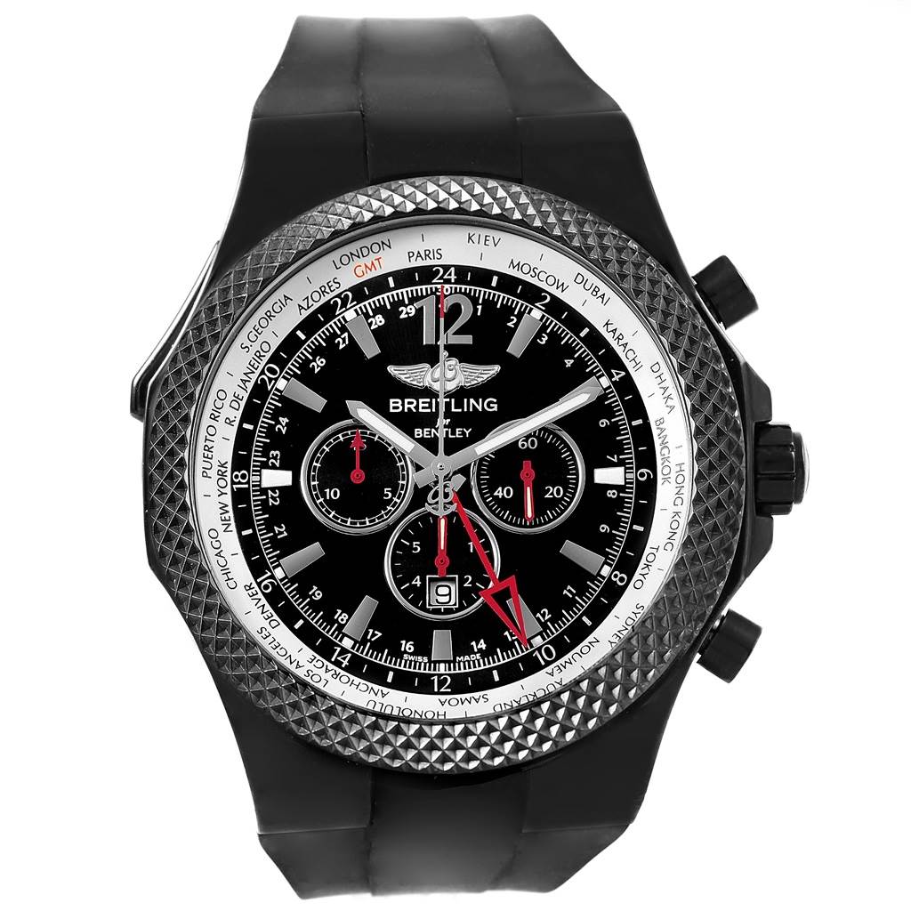 The Breitling Bentley M47362 Men's Stainless Steel Black Dial M47362 Men's Stainless Steel Black Dial watch is shown from a front angle, displaying its dial, bezel, and strap.