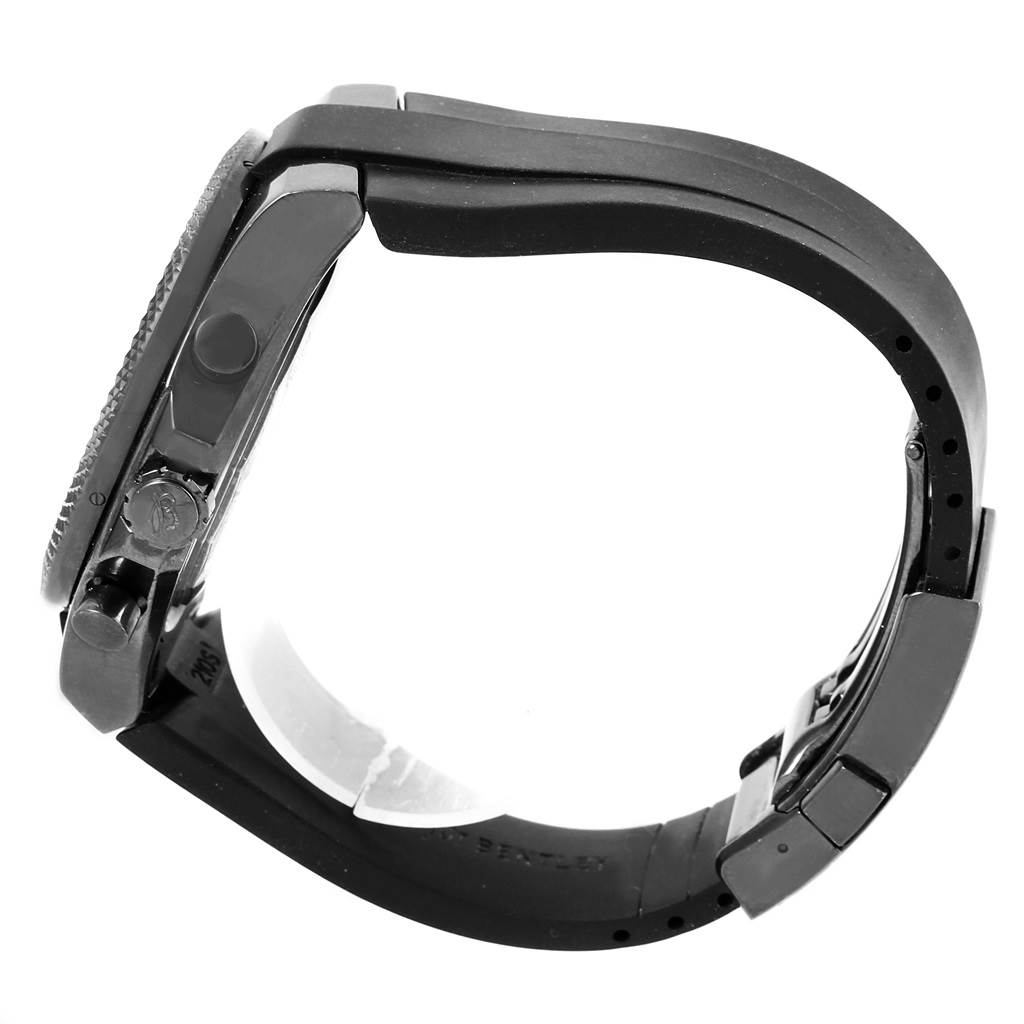 The image shows a side view of the Breitling Bentley M47362 Men's Stainless Steel Black Dial M47362 Men's Stainless Steel Black Dial watch featuring the case, crown, pushers, and part of the rubber strap.