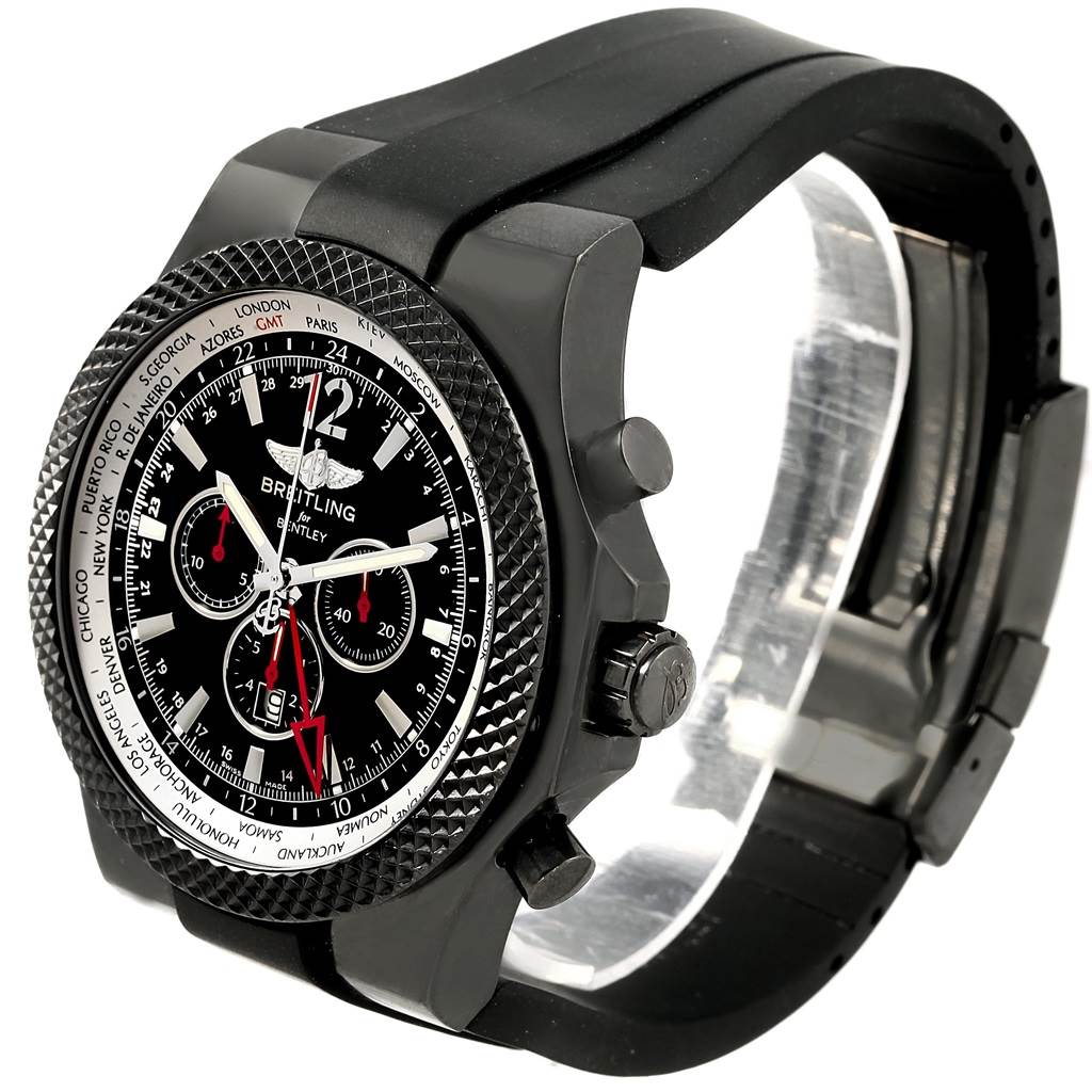 The image shows a front-side angle of a Breitling Bentley M47362 Men's Stainless Steel Black Dial M47362 Men's Stainless Steel Black Dial watch, highlighting its black dial, bezel, and rubber strap.