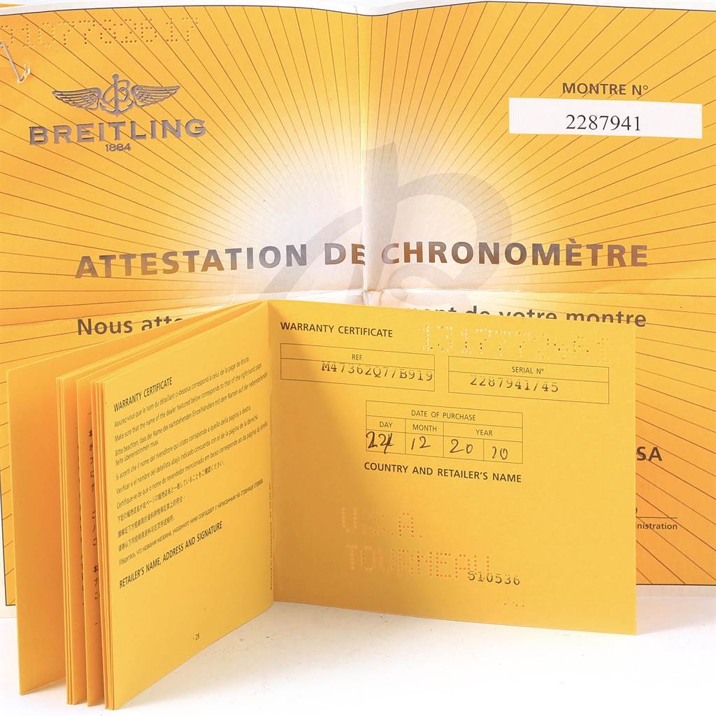 The image shows the warranty certificate and attestation papers for a Bentley model by Breitling.