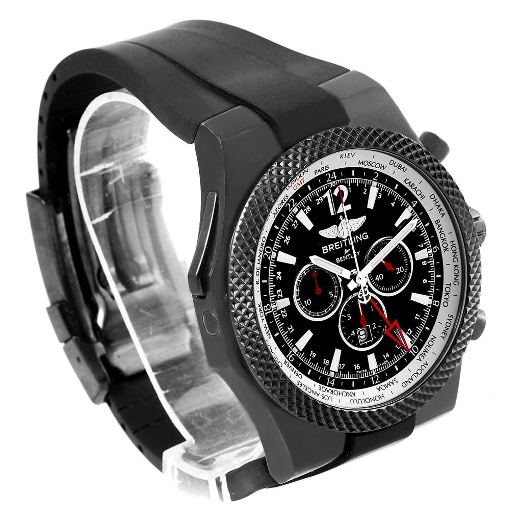 The Breitling Bentley M47362 Men's Stainless Steel Black Dial M47362 Men's Stainless Steel Black Dial watch is shown at an angle displaying the face, bezel, and black rubber strap.