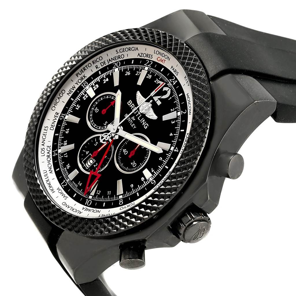 The Bentley model by Breitling is shown from an angled close-up, displaying the watch face, bezel, and side buttons.