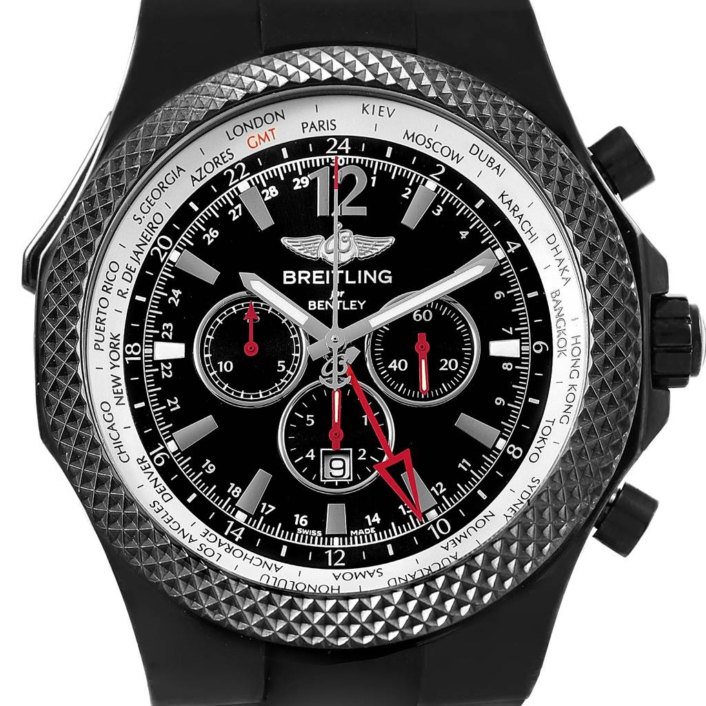 This image shows a front view of the Breitling Bentley M47362 Men's Stainless Steel Black Dial M47362 Men's Stainless Steel Black Dial watch, highlighting its dial, bezel, and subdials.