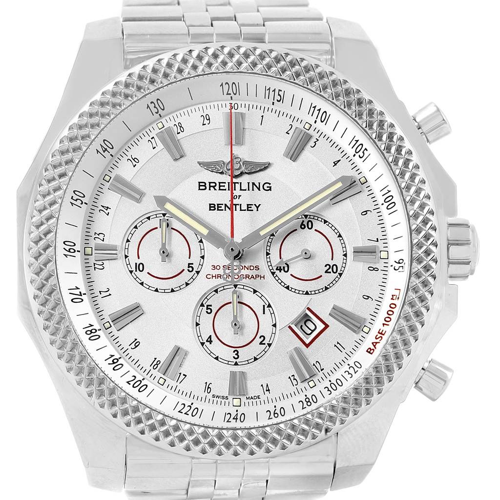 The image shows a front view of the Breitling Bentley A25368 Men's Stainless Steel Silver Dial A25368 Men's Stainless Steel Silver Dial watch, displaying its face, bezel, and part of the metal bracelet.