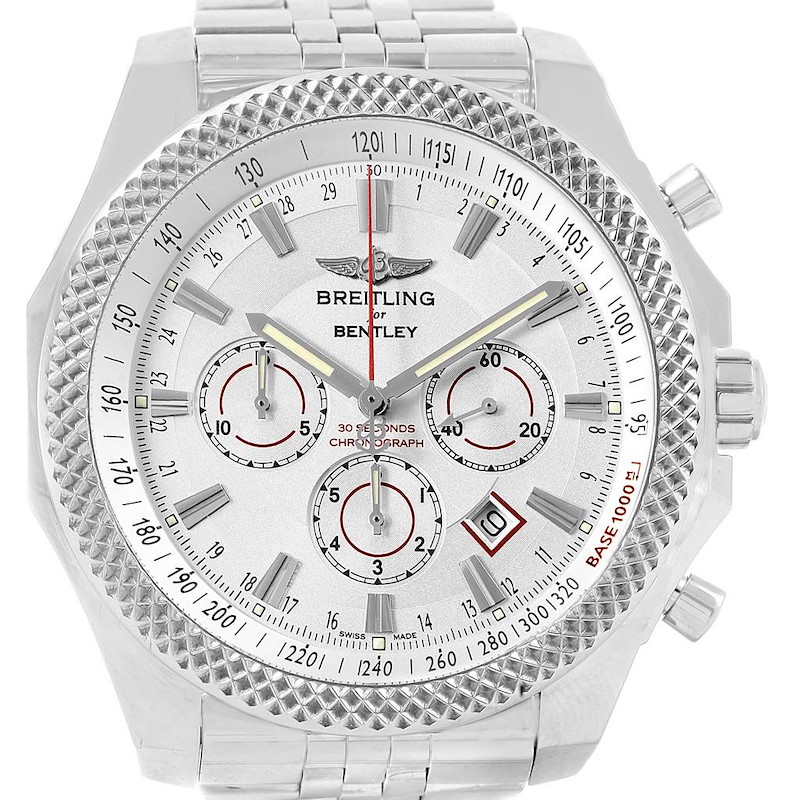 The image shows a front view of the Breitling Bentley watch, displaying its face, bezel, and part of the metal bracelet.