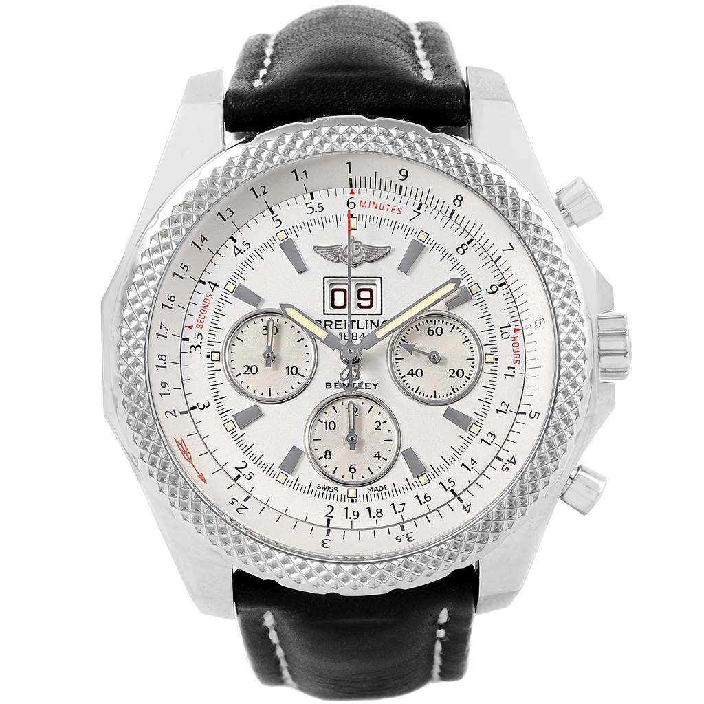The image shows a Breitling Bentley A44364 Men's Stainless Steel Silver Dial A44364 Men's Stainless Steel Silver Dial watch from a front angle, highlighting its dial, bezel, and leather strap.