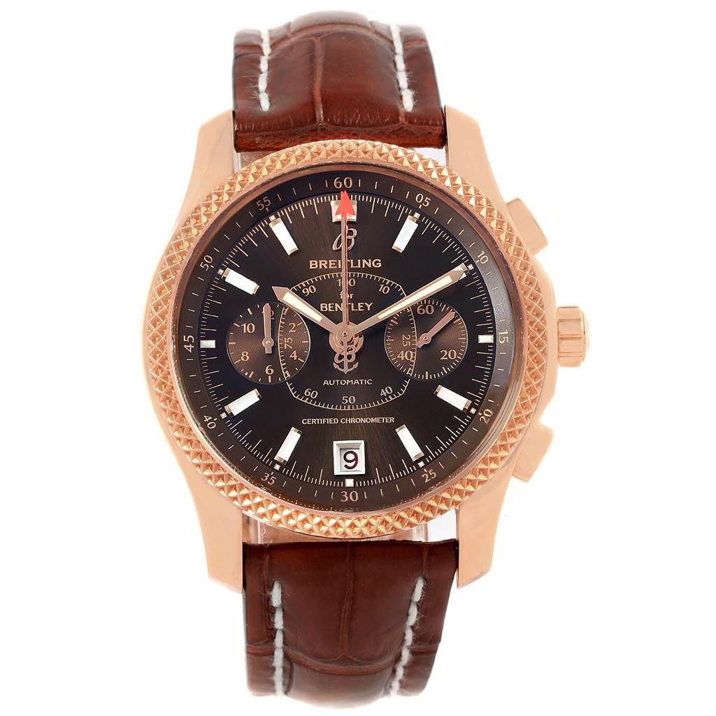 This is a front-facing view of the Breitling Bentley R26362 Men's Rose Gold Brown Dial R26362 Men's Rose Gold Brown Dial watch, showing the face, bezel, chronograph sub-dials, and leather strap.
