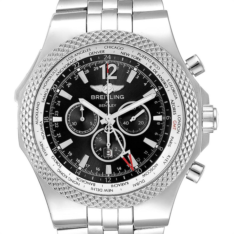 This image shows a front view of the Breitling Bentley watch, highlighting its dial, bezel, and chronograph features.