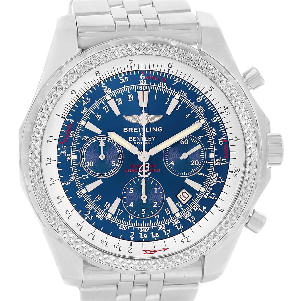 The Breitling Bentley A25362 Men's Stainless Steel Blue Dial A25362 Men's Stainless Steel Blue Dial model watch is shown from the front, displaying the dial, chronographs, and metal bracelet.