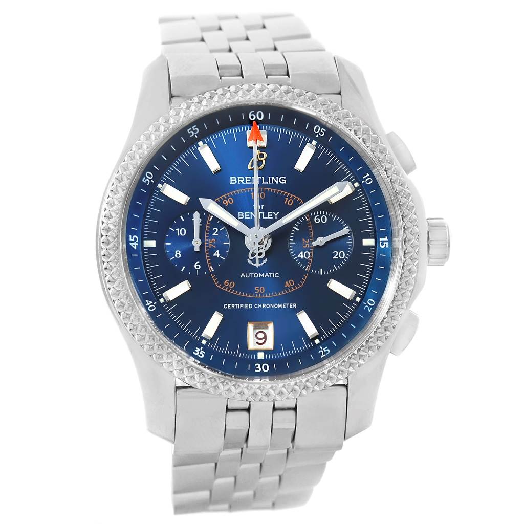 The image presents a frontal view of the Breitling Bentley P26362 Men's Stainless Steel Blue Dial P26362 Men's Stainless Steel Blue Dial watch, showing the face, bezel, and part of the metal bracelet.