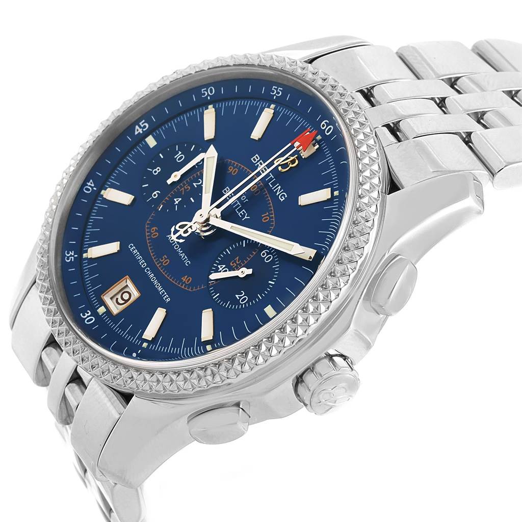 The Bentley model by Breitling is shown from a three-quarter angle, highlighting the dial, bezel, crown, and part of the bracelet.