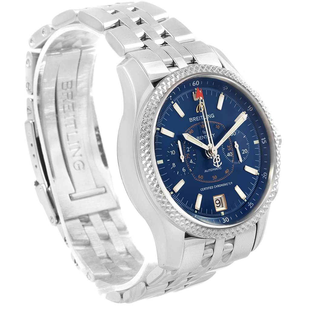 This image shows a side and partial front view of a Breitling Bentley P26362 Men's Stainless Steel Blue Dial P26362 Men's Stainless Steel Blue Dial model watch, highlighting its blue dial and stainless steel bracelet.